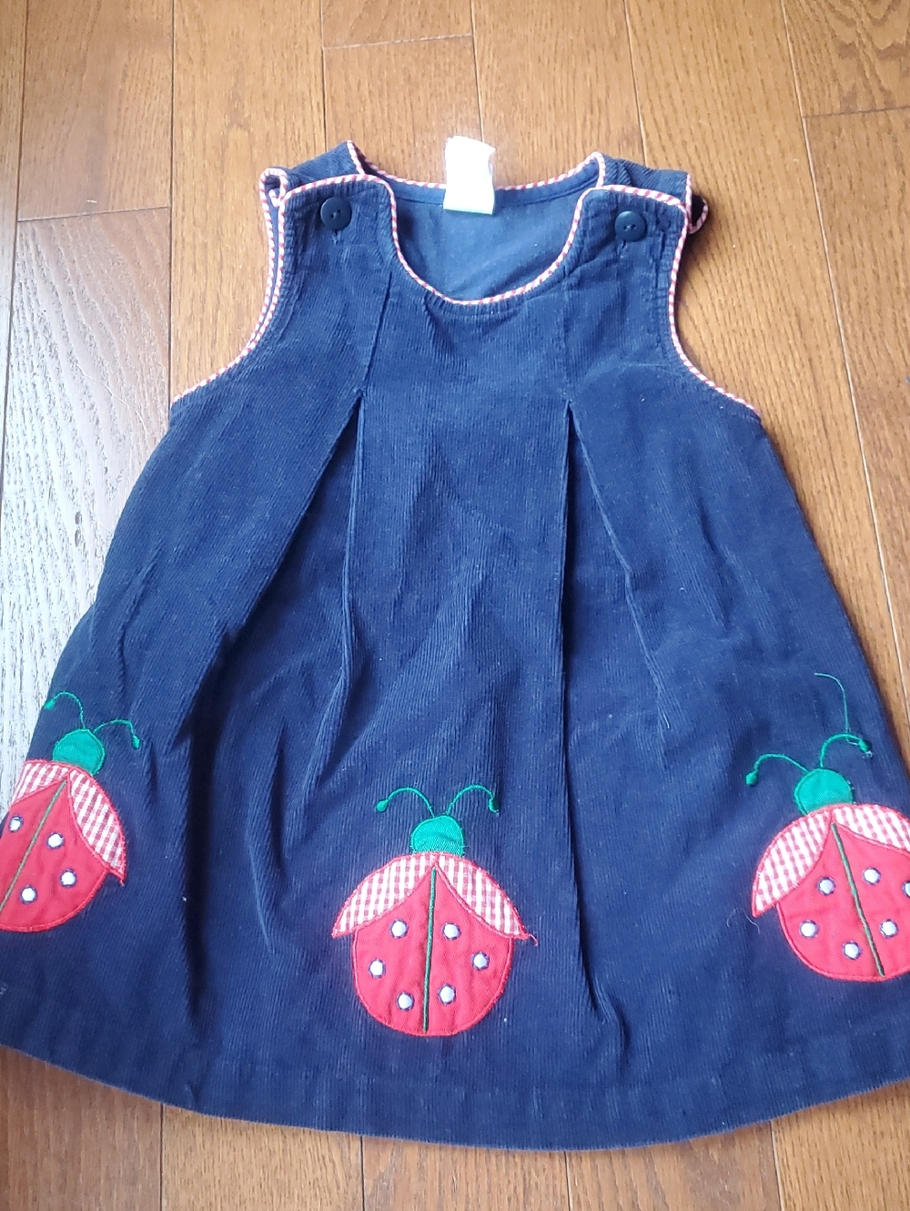 Navy Corduroy Baby Dress with Red Ladybug Appliqués